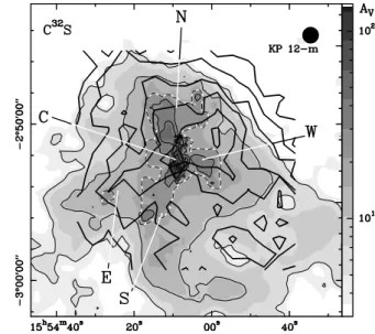 Fig. 3. C 18 O (J:1–0) integrated intensity contours (from the KP 12-m telescope) superimposed on the dust map from Paper II (in log grey scale)
