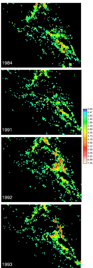 Fig. 3. Examples of log-transformed time slices S i representing seismicity rates of 1984 (quiet), and 1991 to 1993, bracketing the Landers event in June 1992.