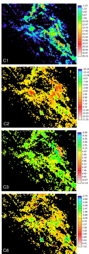 Fig. 5. Examples of components C i , the new variables after the principal components transformation has been applied to the  log-transformed earthquake rates S i 
