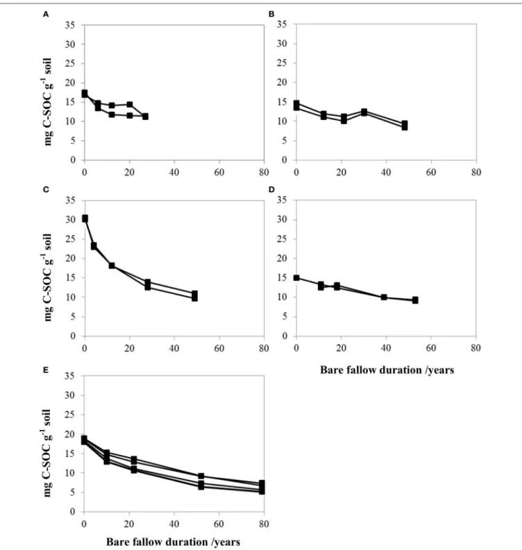 FIGURE 3 | SOC degradation dynamics with time at all sites (mg C.g −1 soil) for all field replicates: Askov (A), Grignon (B), Rothamsted (C), Ultuna (D), and Versailles (E)