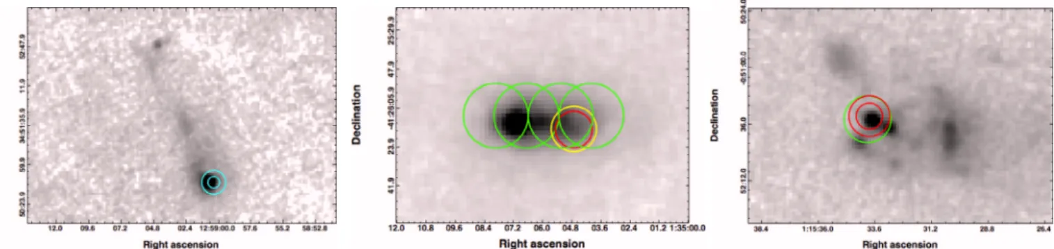 Fig. 7. Herschel PACS 100 μm maps of NGC 4861 (left), NGC 625 (middle), and UM 311 (right), with the CO beams (Mopra in green, APEX in red, IRAM in blue, and the JCMT in yellow; see Fig
