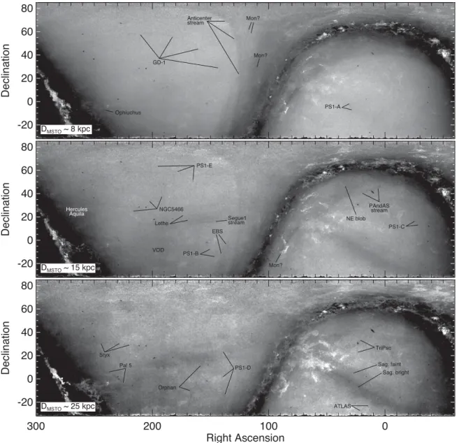 Figure 1. Matched-filtered stellar density maps of the whole PS1 footprint. The stretch is logarithmic, with darker areas indicating higher surface densities; a few black patches are due to missing data