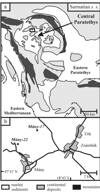 Figure 2. (a) Palaeogeographic map of the Central Paratethys (modified after R¨ogl, 1998b; Popov et al