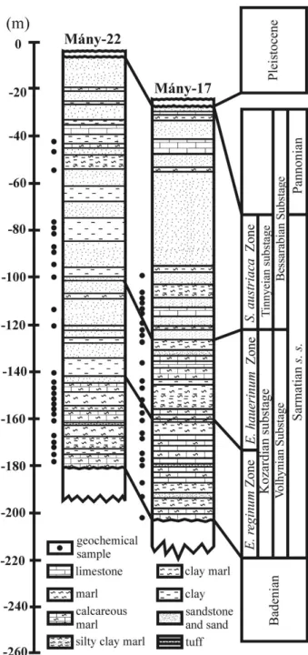Figure 3. Lithostratigraphic logs of the studied boreholes (modified after G¨or¨og, 1992).