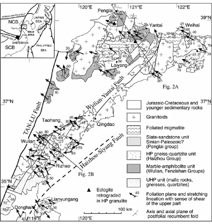 Figure 1. Structural and kinematic map of Sulu area. Lineation arrows point  toward sense of shear of upper part