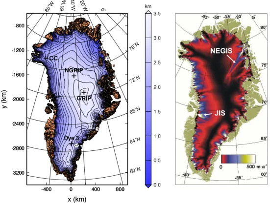 Fig. 1. Present-day Greenland ice sheet. Left panel: Observed surface topography (data by Bamber et al., 2001)