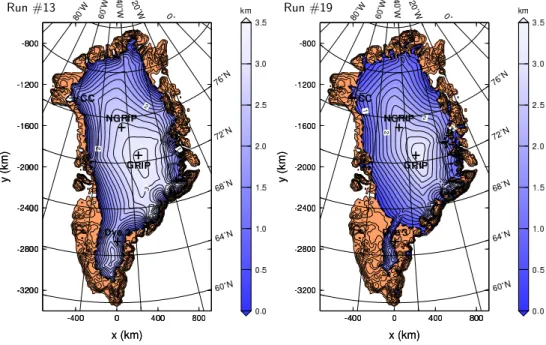 Fig. 14. Global warming runs #13 (NEGIS / m = 3, WRE1000) and #19 (NEGIS / m = 3, WRE1000, γ = 5 a m −1 ): Surface topography in 2350 CE