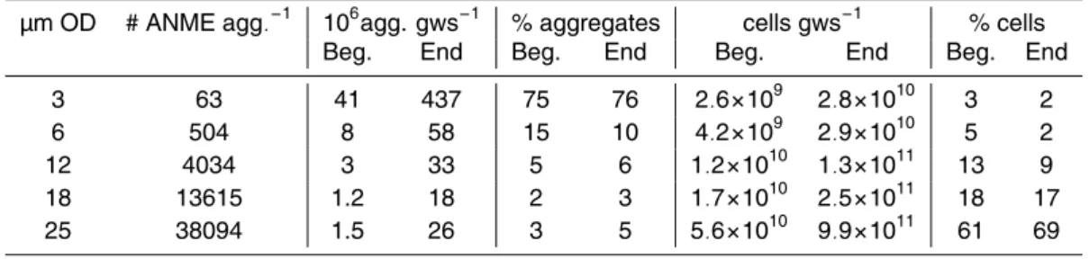 Table 5. Consortia size and abundance measured in ANME/SRB aggregates (agg.) enriched from Hydrate Ridge sediment at the beginning (Beg.) and end of the experiment (from Nauhaus et al., 2007)
