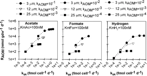 Fig. 2. Maximum rates of AOM calculated for variously sized aggregates (3, 12 or 25 µm OD) with each of the intermediate species acetate, formate, and hydrogen