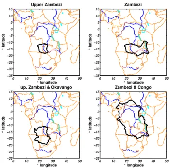 Fig. 3. The four target areas being used in this study (from left to right, from top to bottom): upper Zambezi, Zambezi, upper  Zam-bezi + Okavango, and ZamZam-bezi + Congo.