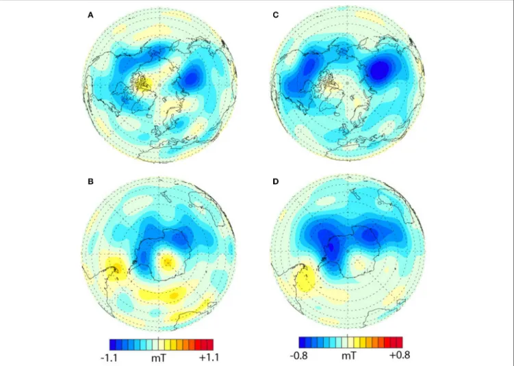 FIGURE 4 | B r cos(θ) on the core-mantle boundary from the COV-OBS geomagnetic field model (Gillet et al., 2013)