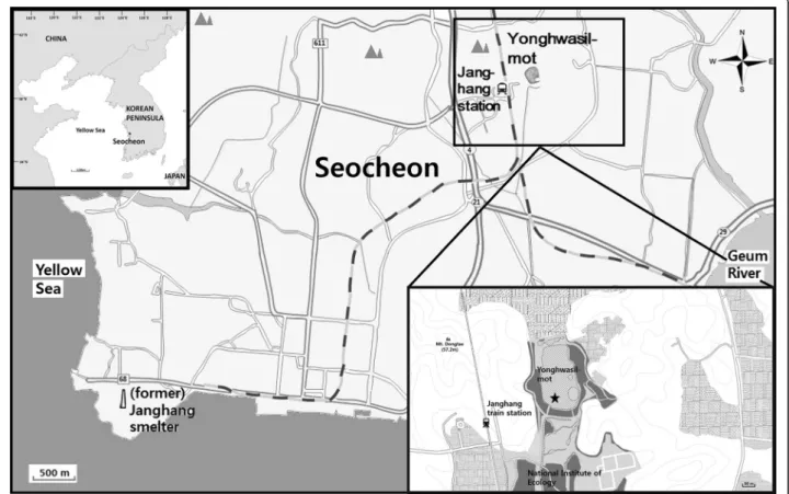 Fig. 1 A map of Seocheon, western coast of the Korean Peninsula showing the locations of the study site (Yonghwasil-mot) and the Janghang smelter
