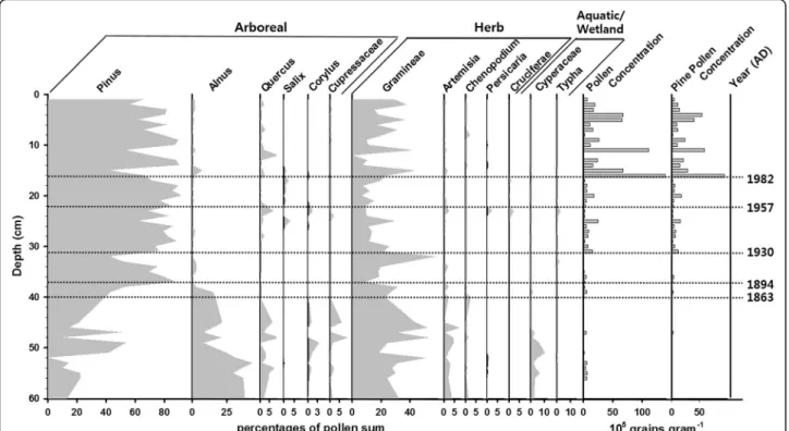 Fig. 4 Pollen percentage profiles of the Yonghwasil-mot sediment core. Horizontal lines indicate 210 Pb-derived sediment dates