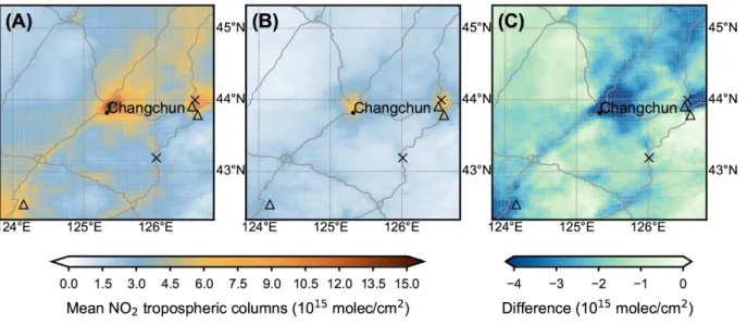 Fig. 3. Average TROPOMI NO 2  TVCD over Changchun, China (black dot) for 20 days. (A)  Prior to (B) after the 2020 Lunar New Year, and (C) their difference