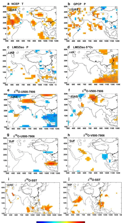 Fig. 3    Spatial distribution of  linear correlation coefficients  between NK ice core δ 18 O and  regional air temperature and  precipitation from observations  and LMDZiso simulations, as  well as winds and SST