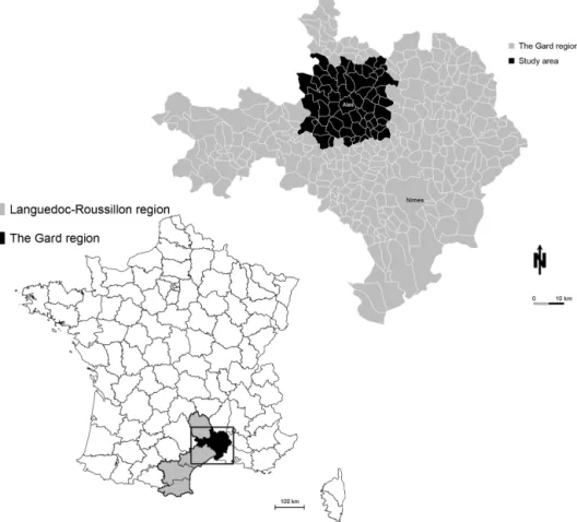 Figure 2. Maps of the study area with (i) the location of the Gard department (black) within the Languedoc-Roussillon region (grey) in France and (ii) the location of the 61 municipalities of the case study area among the 353 municipalities of the Gard dep