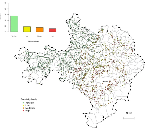 Figure 4. The spatial distribution of the 1970 road cuts identified in the Gard region with the different flooding susceptibility levels
