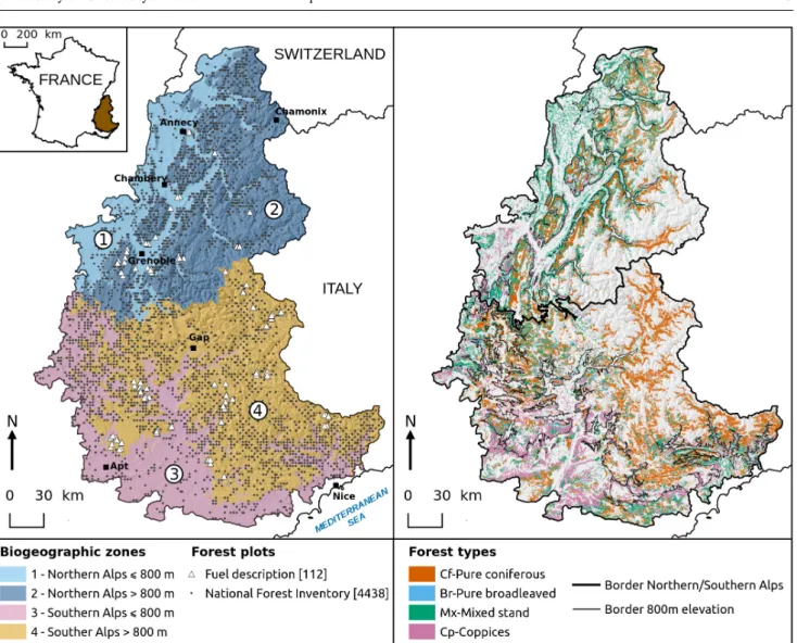 Fig. 1: Map of the French Alpine area and locations of the forest plots from the different sources