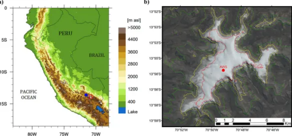 Figure 1.  Location of Quelccaya ice cap in the Peruvian Andes. (a) Central Andes topography (color shading),  and locations of QIC (red square marker) and Ccatcca station (blue dot)