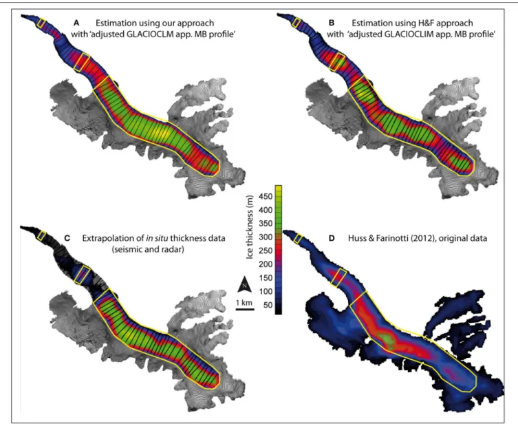 FIGURE 7 | Ice thickness maps of Argentière Glacier using different approaches. (A) The approach used in the present study