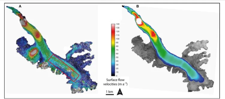 FIGURE 2 | Surface flow velocities for Argentière Glacier derived from SPOT5 images acquired in 2003