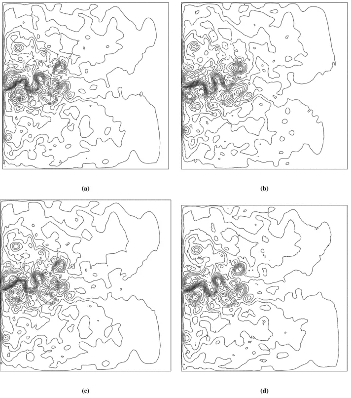 Fig. 12. Upper layer of: true initial state (a), initialization (or background) state for both 4D-VAR and BFN algorithms (b), and initial states identified by the BFN (c) and 4D-VAR (d) algorithms.