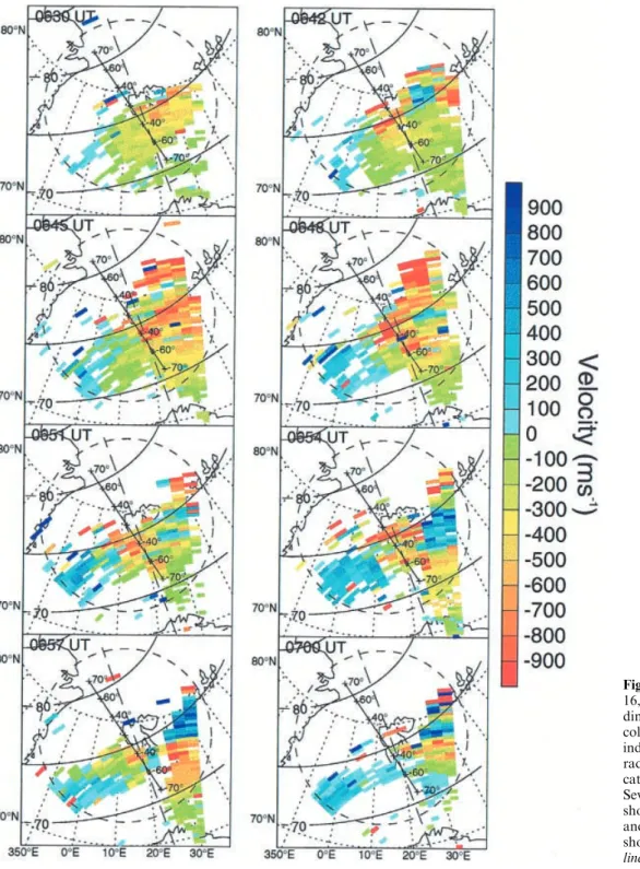 Fig. 5. Radar data on December 16, 1998, in geographical  coor-dinates. The l-o-s velocity is colour coded, negative velocity indicating ¯ow away from the radar and positive velocity  indi-cating ¯ow towards the radar.