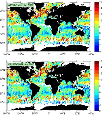 Fig. 6. Lower panel: histogram of wind speed difference between CALIPSO and AMSR-E for single CALIPSO lidar shot (blue) and 10 km CALIPSO average