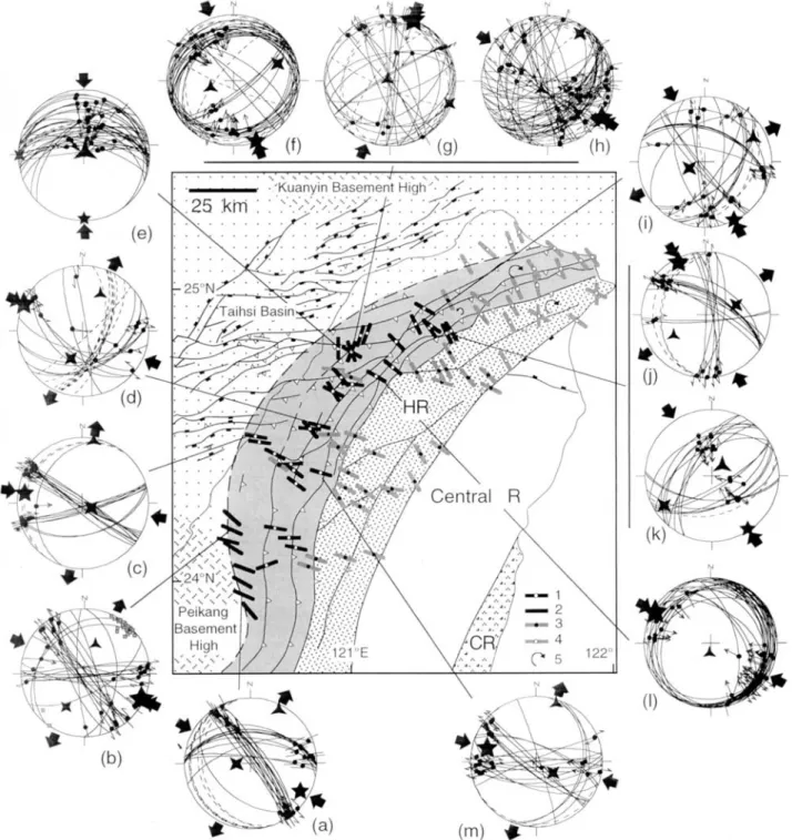 Figure 7. Compression directions deduced from outcrop-scale fault patterns. Dotted pattern: