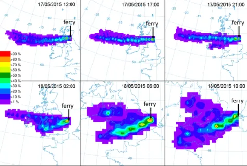 Figure 2. Backward trajectory frequencies for a south-bound sailing with westerly wind conditions (sailing start 17 May 2015 12:00, end 18 May 2015 10:00)