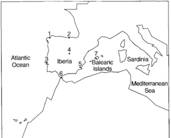 Fig. 1. Map with geographical names referred to in the text indicating location of the seven sounding stations in Iberia by numbers: 1, La Coru ~ na 2, Santander; 3, Lisbon; 4, Madrid; 5, Murcia; 6, Gibraltar;