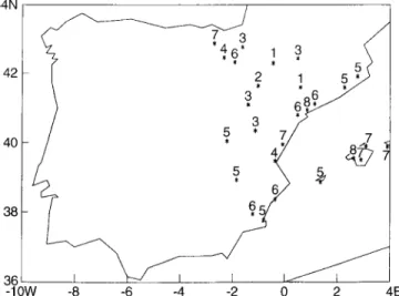 Fig. 3. Spatial pattern of cloudiness for 15 March 1990. Numbers indicate sky covered by cloud in oktas