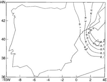 Fig. 6. Divergence of the Q-vectors (times -2) at 700 hPa for 1200 UTC 15 March 1990. Contour interval is 2 2 10 ÿ 17 hPa ÿ 1 s ÿ 3