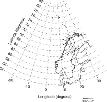 Fig. 4. STARE electric ®eld data for 27 October 1979, 17:39 UT, with Scandinavian coastline (data courtesy of E
