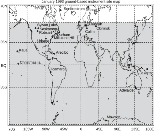 Fig. 1. A map indicating the geographic location of the ground-based instruments which provided data for this study