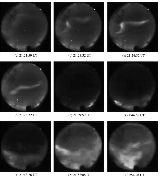 Fig. 9. A sequence of all-sky camera images showing the motion of arcs in the growth and expansion phases of the substorm