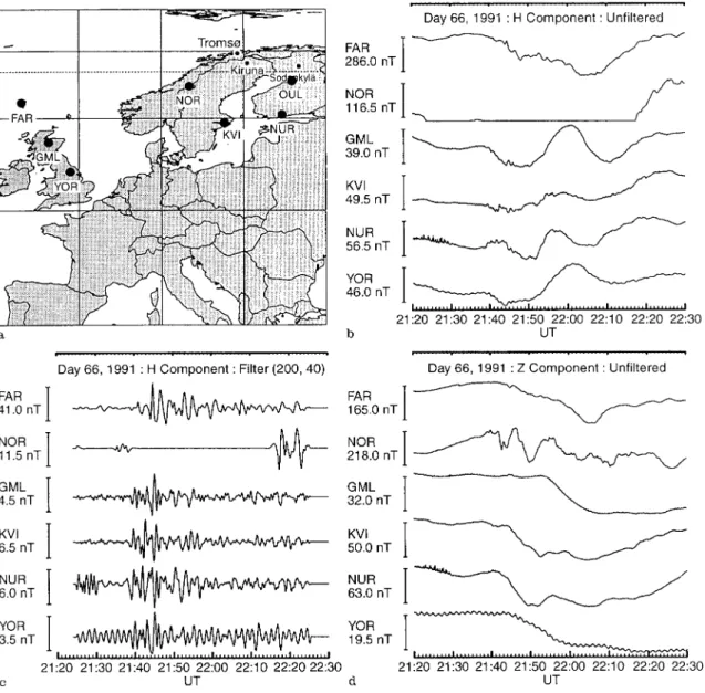 Fig. 6. a The SAMNET magnetometer sites (solid dots) and the EISCAT sites (black dots on white); b Magnetic H components observed by SAMNET stations on 7 March 1991