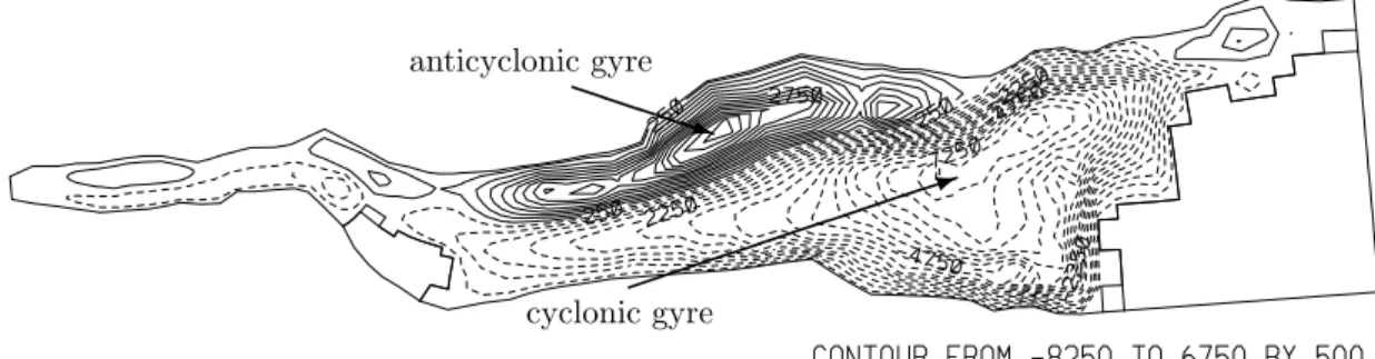 FIG. 11: Stream function of the vertically integrated volume transport in the steady state (6 days after a constant longshore northwest wind sets up)