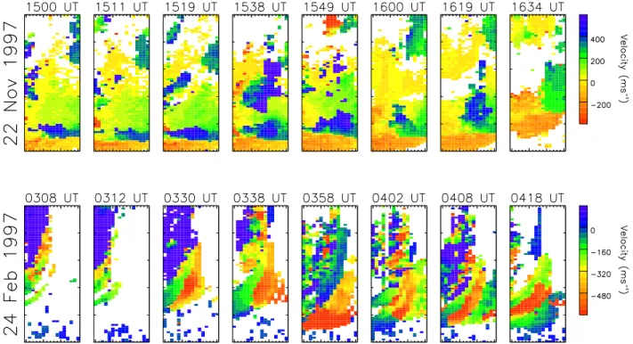 Fig. 10. (Upper panels) Radar backscatter observed between 1500 and 1634 UT, on 22 November 1997, during selected scans