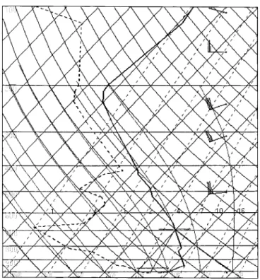 Fig. 4. Skew T-logp plot of Murcia sounding for 1200 UTC on 29 January 1993. Solid line is the temperature plot (°C); dashed line is the dewpoint plot (°C); wind barbs are in knots