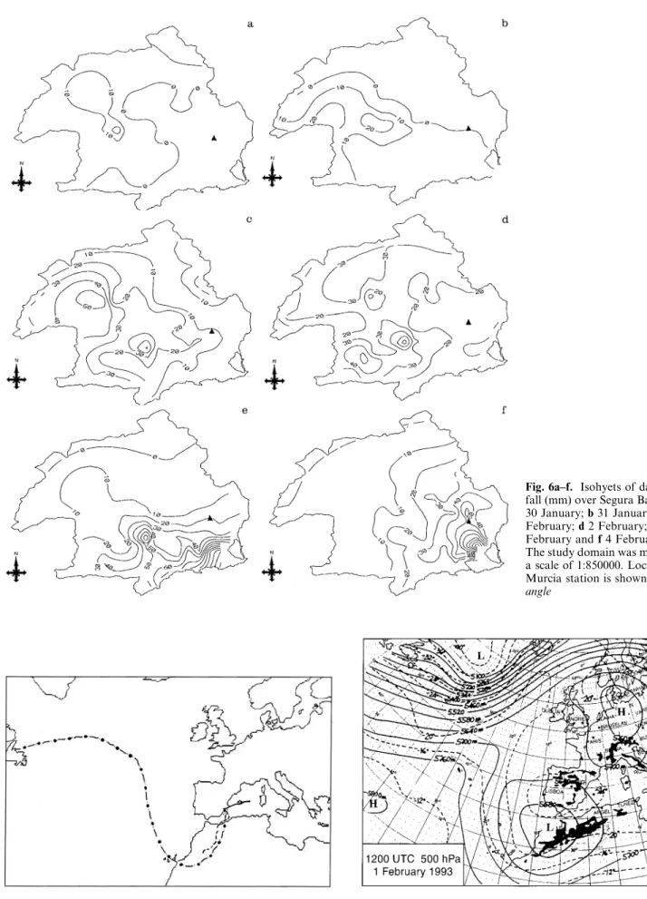 Fig. 7. Three-day back-trajectories on 1000 hPa (solid line), 850 hPa (dashed line) and 500 hPa (dashed-dotted line) pressure levels at Murcia station up to 31 January 1993