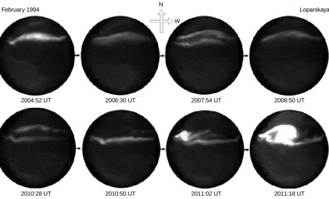 Fig. 4. Prebreakup activity during the MAAS interval on February 1994 showing the variations of the luminosity in several auroral arcs and the formation of the westward travelling surge