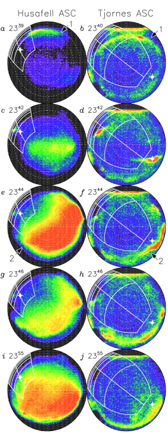 Fig. 2. False-colour all-sky camera images from Husafell and Tjörnes for five times from the interval of study