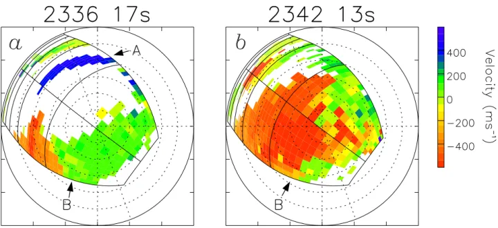 Fig. 3. Line-of-sight Doppler velocity measured in scans starting 2336.17 and 2342.13 UT, projected onto the Tjörnes ASC field-of-view, assuming an emission altitude of 110 km