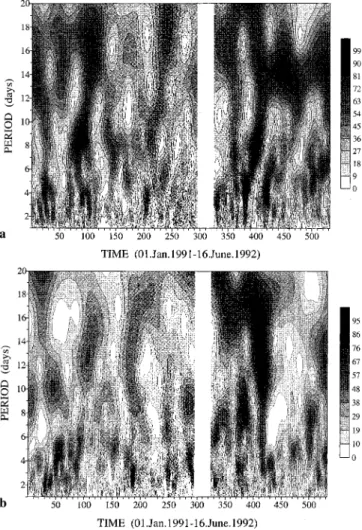 Fig. 9. a The Morlet wavelet transform of the amplitudes of semidiurnal zonal tide for the interval January 1991±June 1992.