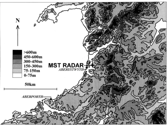 Fig. 3. Map showing mid-Wales, the sea, and the location of the Aberystwyth MST radar