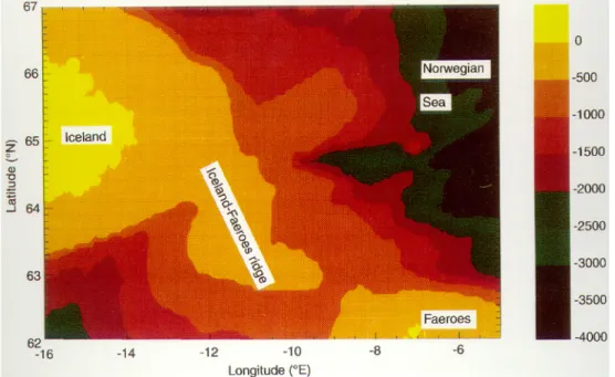 Fig. 1. Bathymetry of the Iceland- Iceland-Faeroes region, indicating the Iceland-Faeroes ridge