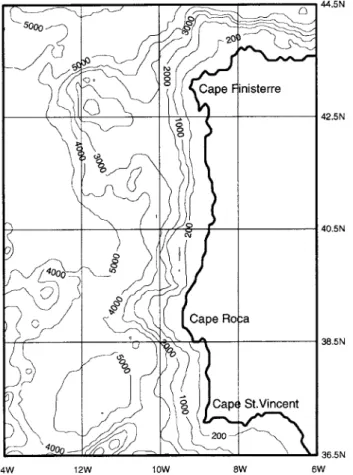 Fig. 1. Topography of the Iberian shelf-slope region. Depths in metres