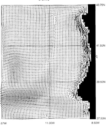 Fig. 4. a Winter velocity field at level 2 (32 m) and b winter temper- temper-ature at level 1 (10.3 m) for case B with boundary stream function from the CME North Atlantic model, annual mean surface and boundary relaxation of tracers, and driven by Heller