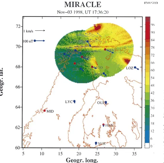 Fig. 5. MIRACLE plot showing KIL and KEV all-sky camera views mapped to 110 km  alti-tude, STARE electron velocity vectors (black) and IMAGE ground magnetometer equivalent current vectors (dark blue) 17:36:20 UT